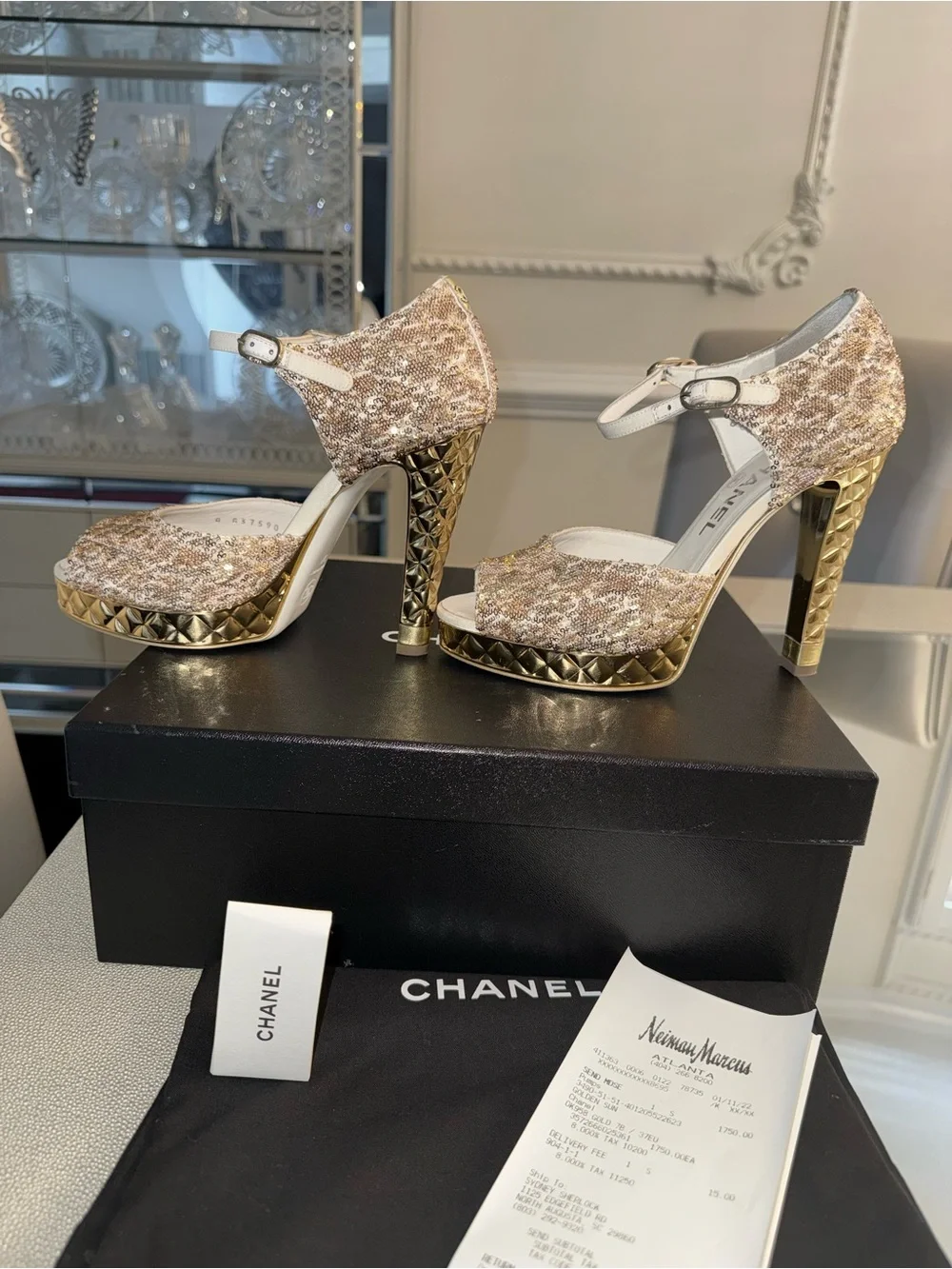 CHANEL Gold and Cream Sequin Tweed Quilted-Platform Peep-Toe Heels